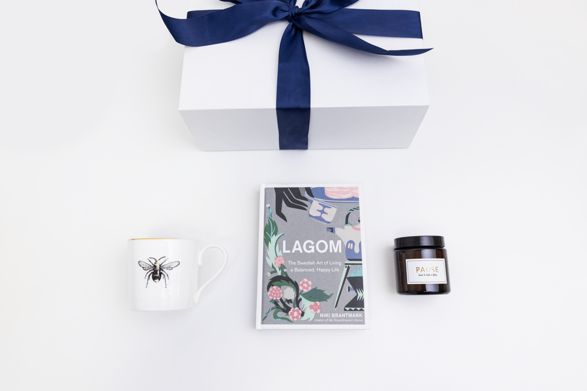 Gift Hamper including The Lagom Book by Niki Brantmark, Emma Alington mug and Pause Candle