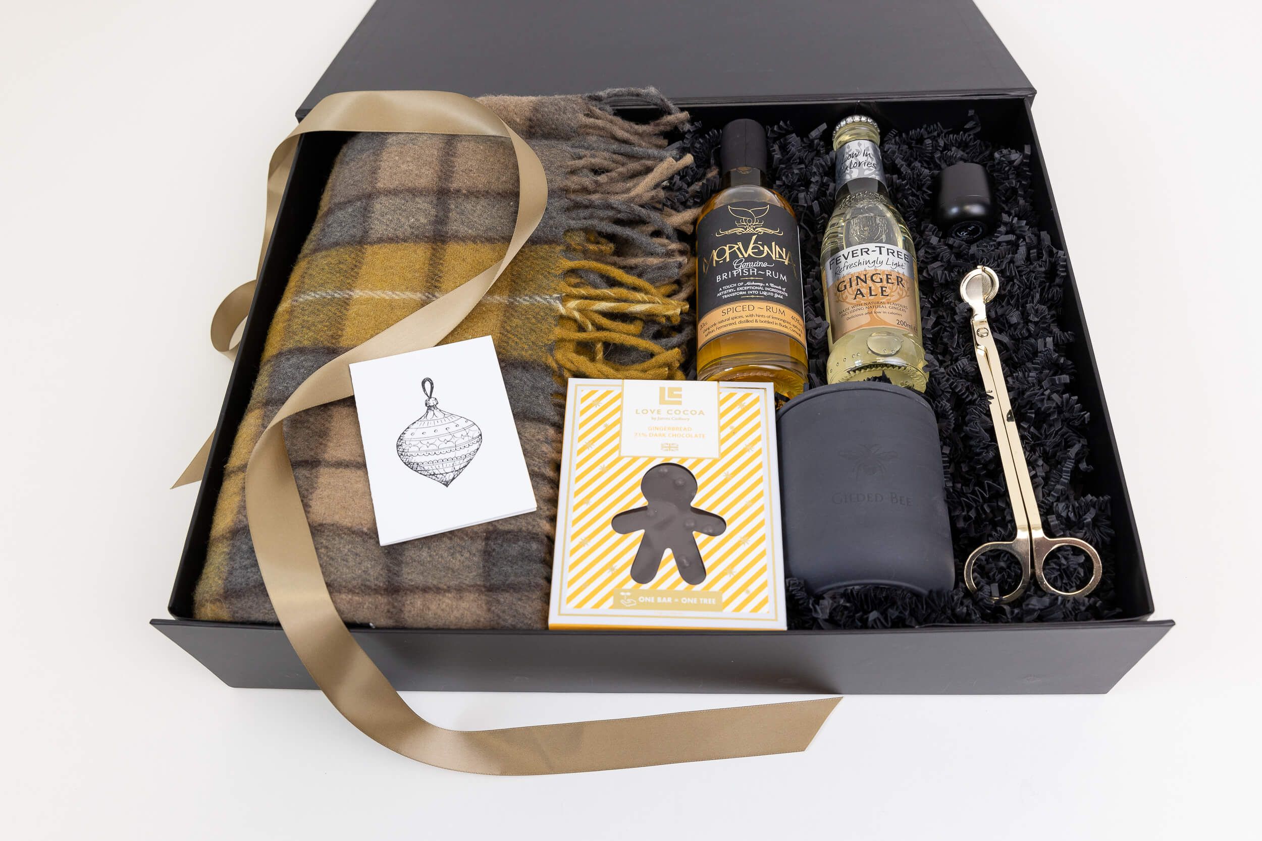 Fireside Nights Christmas Employee Gifts with tartan blanket, Love Cocoa Gingerbread chocolate and Lexon Speaker