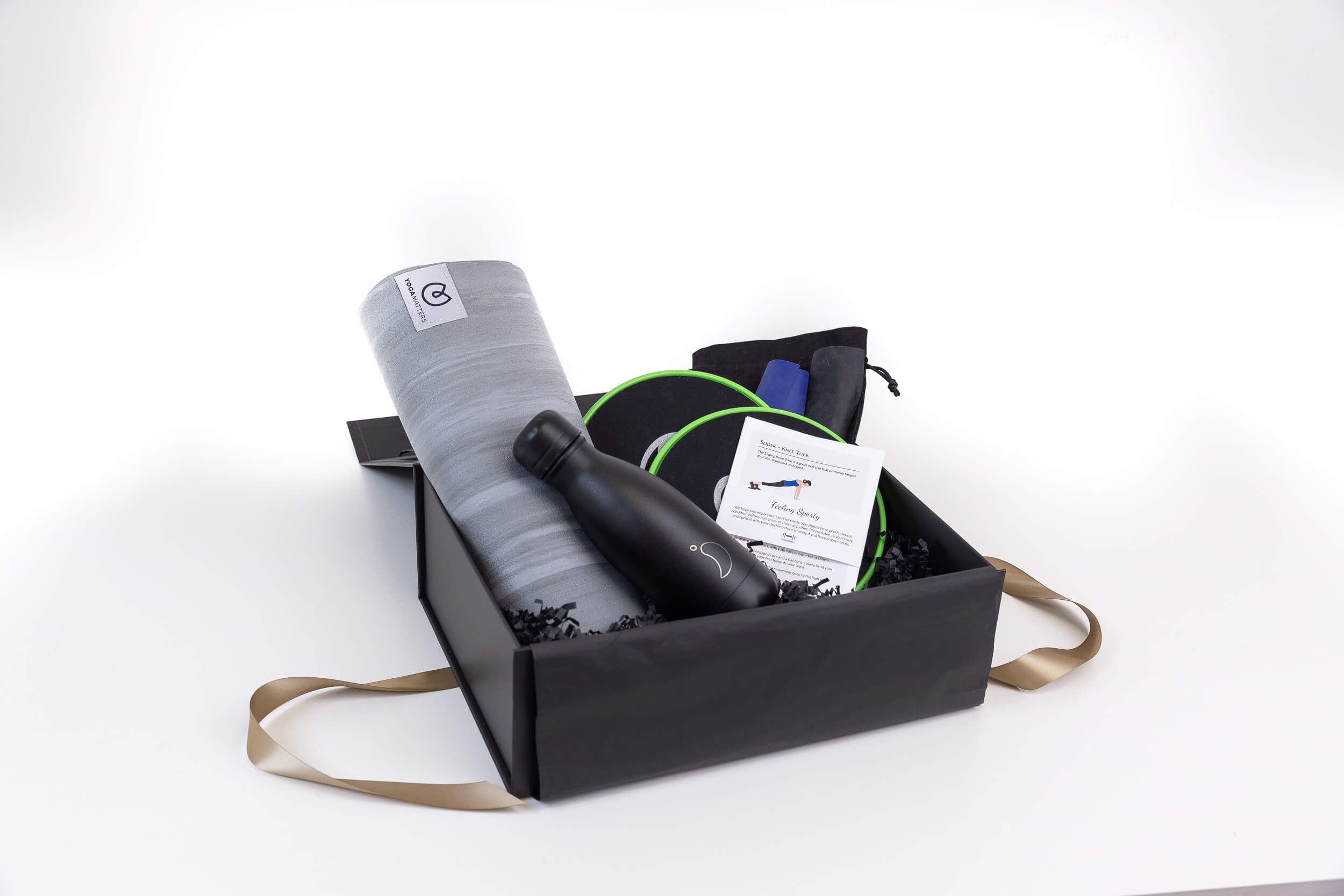 Feeling Sporty Christmas Employee Gifts with YogaMatters sticky yoga mat, exercise sliders and Chilly's water bottle